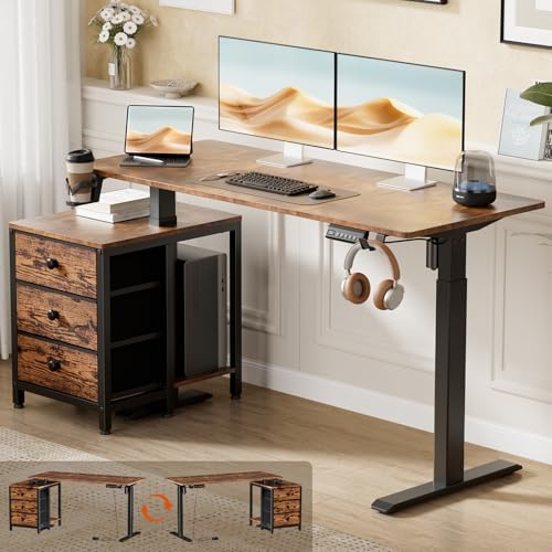 REAHOME 55 Inch Rustice Brown Height Adjustable Standing Desk with Drawers