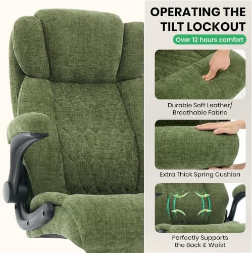 500lbs Big and Tall Office Chair Adjustable Lumbar Support for Back Pain, Extra Wide Seat Executive Office Chair Thick Armrest Pad, Heavy Duty Base&Upgraded Wheels, Ergonomic Desk Chair (Dark Green)