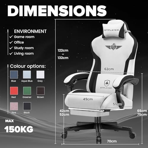 GTPLAYER Gaming Chair, Computer Office Chair Lumbar Support, Linkage Armrests and Footrest, Ergonomic Game Chair for Adults with Extended Backrest, Fabric, Grey