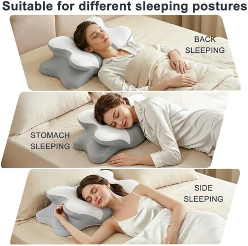 Ergo Pillow for Sleep Apnea, Neck Pain & Snoring Relief, Cervical Neck Pillow for Side Sleeper,Orthopedic Memory Foam w/Ergonomic Neck Support, Medium Soft (Whitegrey, Queen Size)