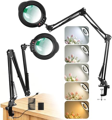 15X Magnifying Glass with Light, Stand & Clamp, Ultra Long 3-Section Swing Arm LED Magnifying Lamp, Dimmable with 5 Color Modes, Hands Free Desk Lamp for Workbench, Repair, Close-Up Work