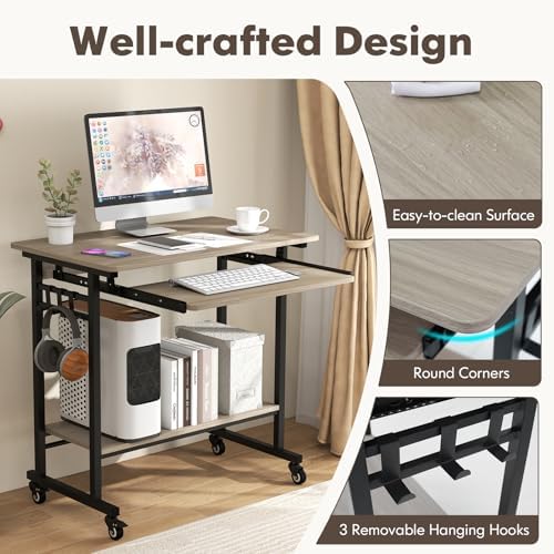 Rolling Desk with Keyboard Tray, Small Computer Desk with Wheels (Gray)