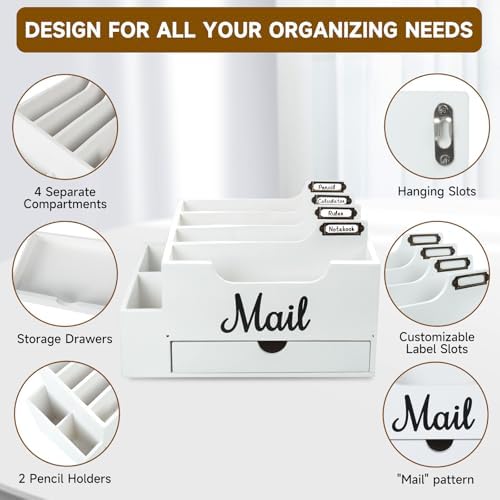 Wood Desk Organizer, Mail Organizer Countertop with 2 Pen Holders