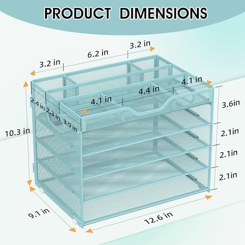 5 Tier Paper Letter Tray Desk Organizer with Pen Holders - Blue