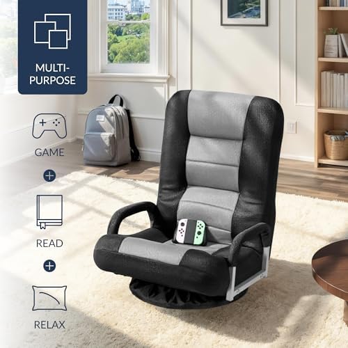Best Choice Products Swivel Gaming Chair 360 Degree Multipurpose Floor Chair Rocker for TV, Reading, Playing Video Games w/Lumbar Support, Armrest Handles, Adjustable Foldable Backrest - Black/Gray