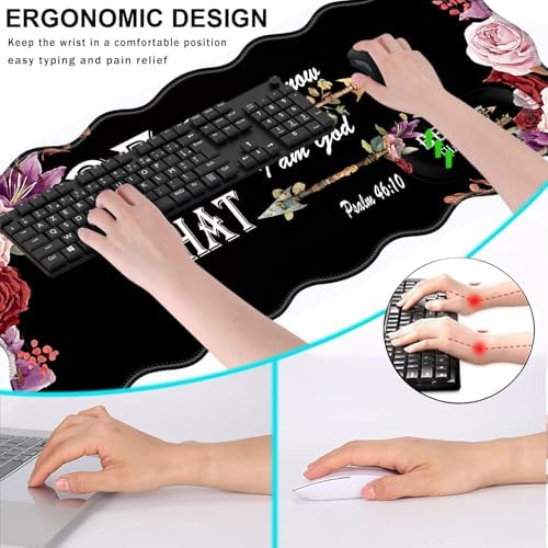 Mouse Pad with Wrist Support + Desk Mat + Coaster 3 in 1 Set, XL Large Gaming Mousepad Ergonomic Mouse Pads for Desk Computer Laptop Office,Bible Verse Psalm 46-10 Adorable Peony Flower