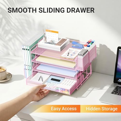 4-Tier Desk File Organizer with Drawer & Pen Holder (Pink)
