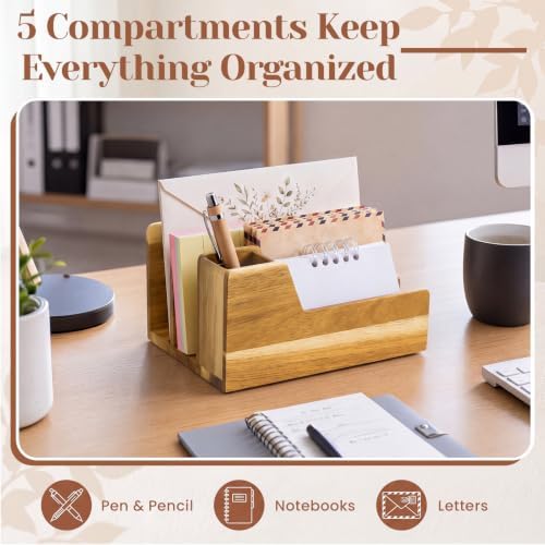 Novabright Acacia Wood Desk Organizer with Pen Holder, 4 Slot Mail Sorter