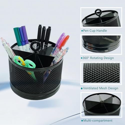 SETTFRFE Mesh Rotating Pen Holder for Desk, Black, 6-Slot