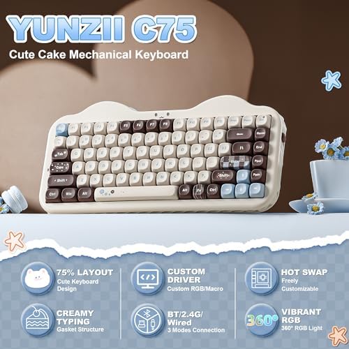 YUNZII C75 Cute 75% Wireless Mechanical Keyboard (Choco, Milk V2 Switch)