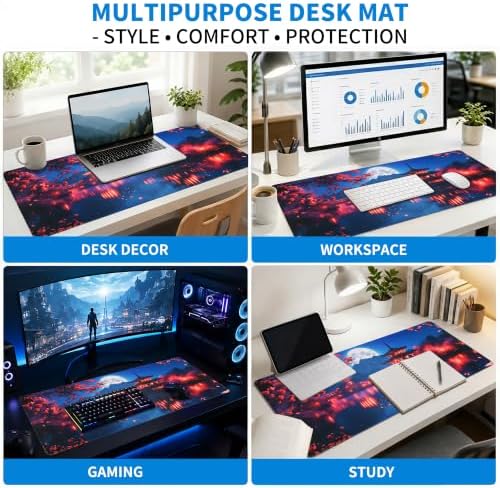 Extended Japanese Nightscape Desk Mat, XL Large Gaming Mouse Pad, Sakura Pagoda Moon Stitched Edges Waterproof with Non-Slip Rubber Base for Computer Keyboard Laptop Work Home Office 31.5"x11.8"
