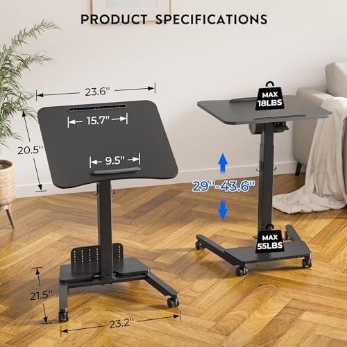 BONTEC Mobile Standing Desk, Adjustable Height, 23.6 x 20.5 Inch, Black
