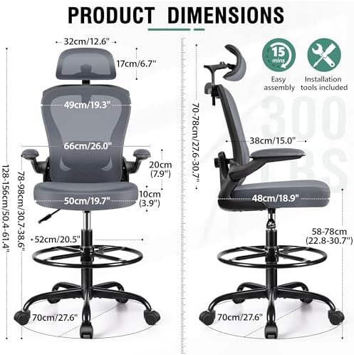 AtHope Drafting Chair, Tall Office Chair with 3D Lumbar & Head Support