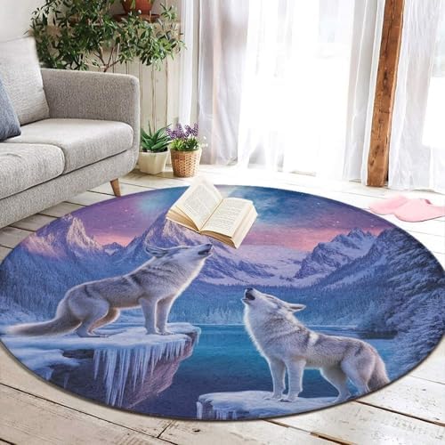 Large Round Area Rug Home Decor Modern Bathroom Rug Kitchen Office Circle Rug for Living Room Sofa Circle Cute Mat Snow Full Moon Wolves Pink Art, 60inch