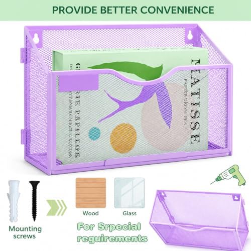 6 Packs 1 Tier A4 Mesh in Tray Hanging Wall File Holder Magazine Document Holder Mail Organiser Magazine Storage Rack,Durable Metal Mesh Filing Storage, Purple