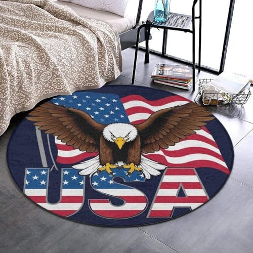 Soft Round Yoga Carpet, Large Home Decor Mat, Non Slip Machine Washable Kitchen Office Circle Rug Patriotic American Eagle Flag