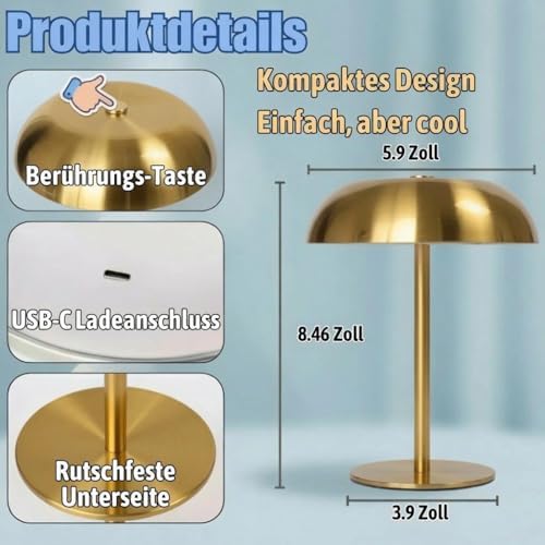 2 Pack Portable LED Mushroom Table Lamp, Metal Cordless Desk Night Light, Stepless Dimming Touch Lamp with 3 Colors for Bedroom Bedside Restaurant Bar, Golden