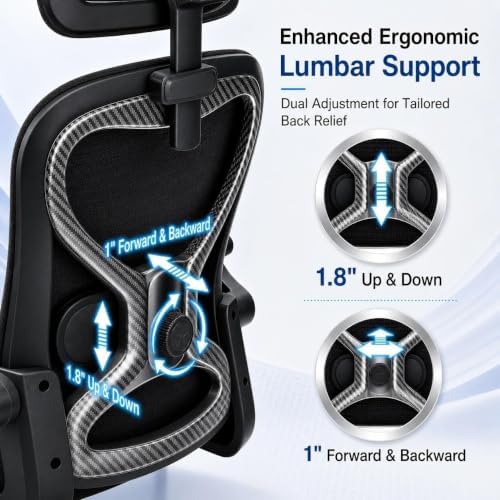 Ergonomic Office Chair for Long Hours and Back Pain Relief, Space-Saving Design with Adjustable Lumbar Support, Flip-Up Arms, 3D Headrest, Tilt & Rock, 330 LBS, Black/Carbon Fiber