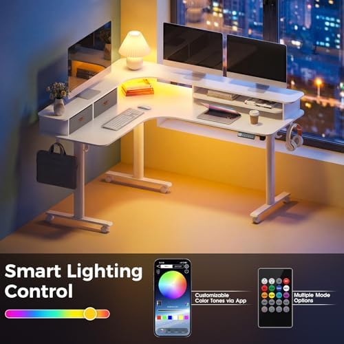 2-Tier L Shaped Electric Standing Desk with Drawers, 63 x 55 Height Adjustable Desk with Memory Controller, Storage, Ergonomic Corner Desk Sit Stand up Computer Table for Home Office, White