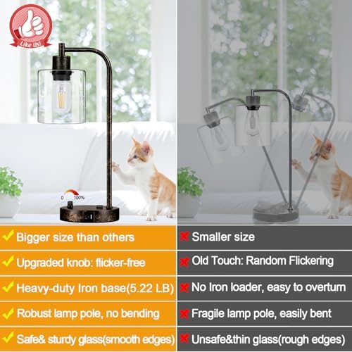 Set of 2 Industrial Table Lamps with USB Port, Rustic Black Fully Stepless Dimmable Bedside Lamps for bedrooms, Nightstand Desk Lamps with Clear Glass Shade for Reading Living Room Office 2 LED Bulb