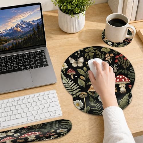 Mushroom Ergonomic Memory Foam Wrist Rest Set for Keyboard and Mouse,Butterfly Flowers Herbs Supportive Mouse Pad with Non Slip Base for Office Work and Gaming