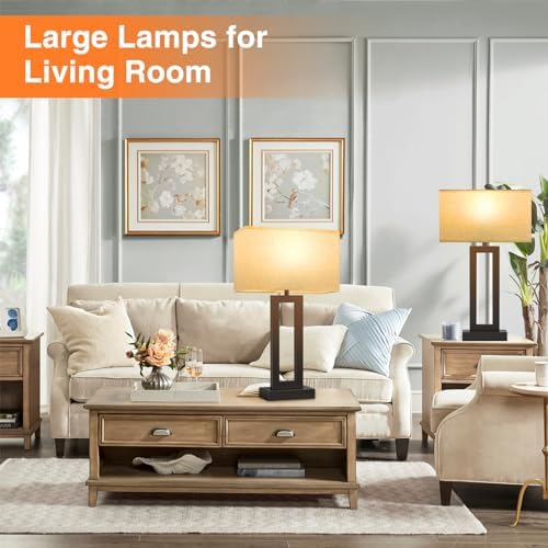 Seealle 22" Tall Living Room Lamps for Night Stands - Touch Bedside Lamp with USB C+A, 3 Way Dimmable Bedroom Lamps for End Tables Set of 2, Modern Night Stand Lamps for Bed Side(Cream&Black)