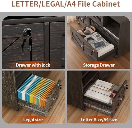 Gray Lateral File Cabinet with Lock, 2 Drawer Rolling Filing Cabinet for Home Office, Mobile Storage Cabinet with Open Shelves & Sliding Door, Fits Legal/Letter/A4 Files, Herringbone Design