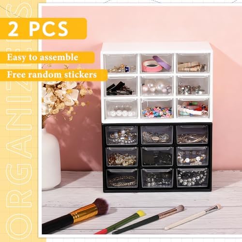 Wenqik 2 Pcs Mini Storage Drawers with 9 Clear Drawers, Black, White