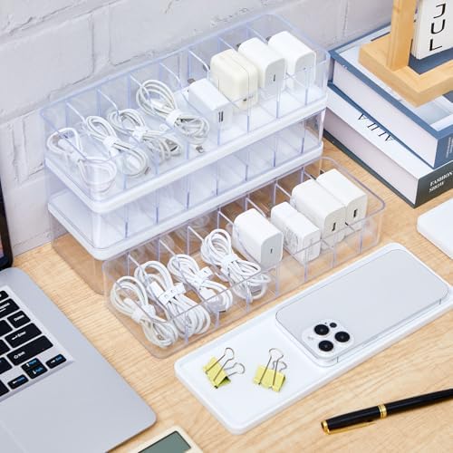Tatuo Cord Organizer Box with Lid, Clear, White, 4 Pack