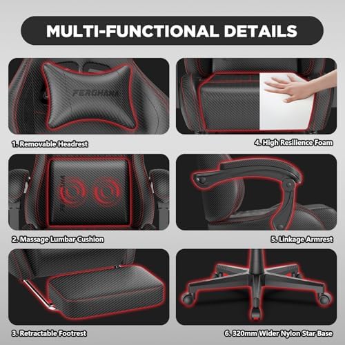 Ferghana Vintage PU Leather Gaming Chair, Ergonomic Reclining Racing Gamer Chair with Massage Lumbar Support, High Back Computer Office Chair with Footrest for Adults, Black