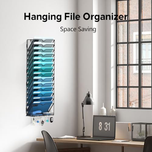 15 Tier Wall File Organizer - Hanging File Organizer with 5 Hooks, Mail Holder Wall Mounted for Papers, Folders, Magazines, Bills, Office&School Organization, Black