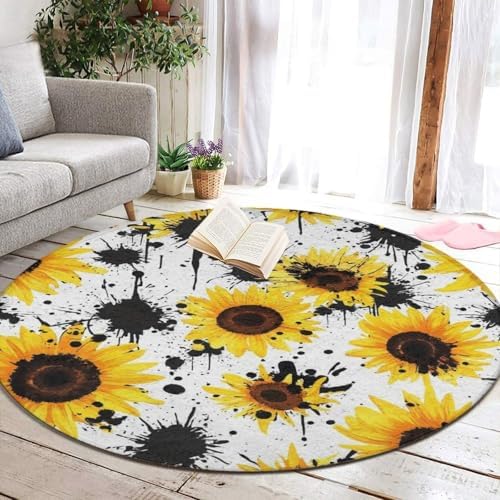 Home Decor Non Slip Kitchen Office Circle Rug, Machine Washable Modern Round Area Rug, Room Sofa Yoga Soft Round Carpet 80s Vintage Sunflower Cow Print, 36inch