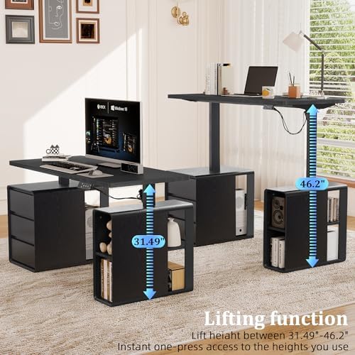 Electric Standing Desk with Drawers, 55" Office Desk Height Adjustable Executive Desk with Storage Shelves, Simple Setup Wood Desk Home Office Stand up Desk for Work, Study, Writing, Black
