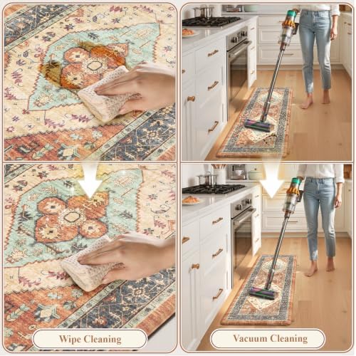 KIMODE Anti Fatigue Kitchen Mat, Boho Distressed Kitchen Rugs Fall Orange