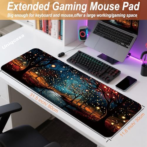 Gaming Mouse Pad 31.5x11.8 inch XL Large Extended Mouse Pad, Big Mousepad Desk Mat for Computer with Non-Slip Rubber Base and Stitched Edge-Starry Night Woods