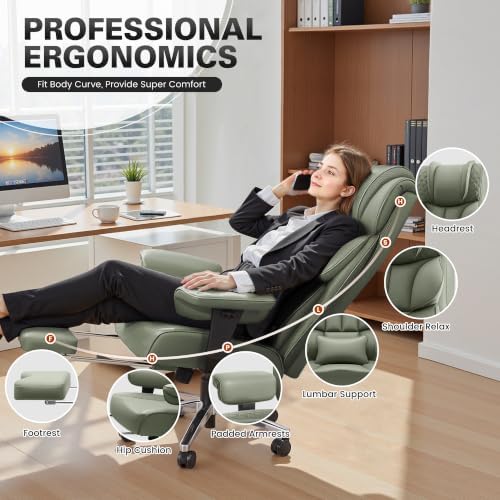 BestGlory Office Desk Chair, Big and Tall Leather Gaming Chair with Footrest, Wide Ergonomic Comfy Executive High-Back Reclining Computer Chairs, Swivel Rolling Wheels and Padded Lumbar Support, Green