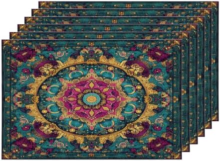 Shrahala Exotic Rich Color Placemats, Ornate Details Swirling Forms Table Mat Linen Burlap Washable Double-Deck Heat Insulation for Dining/Kitchen Table Set of 6 (12 X 18 Inch)