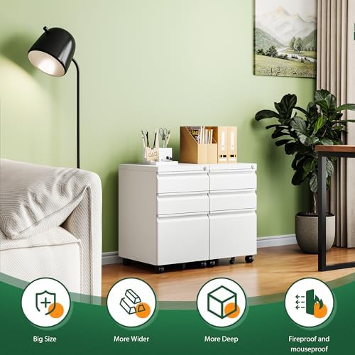 Letaya 3 Drawer Mobile File Cabinet with Lock, Under Desk Metal Filing Cabinets for Home Office Organizer Letters/Legal/A4(Fully Assembled-White) (Pack of 2)