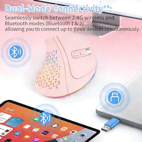 Bluetooth Wireless Dual-Mode Vertical Mouse - Silent Click, Ergonomic Comfort for Office & Home Use, Rechargeable with LED Breathing Light, Compatible with Multiple Devices (Pink)