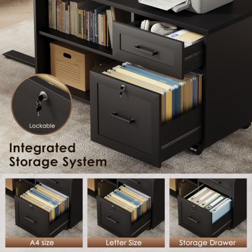 OffiGo 71 Inch L Shaped Electric Standing Desk with Cabinet Sets, Black