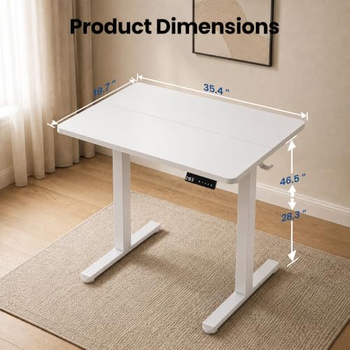 35" x 20" Electric Standing Desk, Compact Height Adjustable Desk for Small Spaces, Small Ergonomic Sit Stand Workstation for Home Office Bedroom Apartment (White)