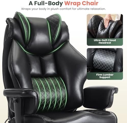 CIOMAN 500lbs Big and Tall Office Chair Adjustable Lumbar Support, Extra Wide Seat Ergonomic Gaming Chair with Footrest, Heavy Duty High Back Executive Leather Computer Desk Chair, Black