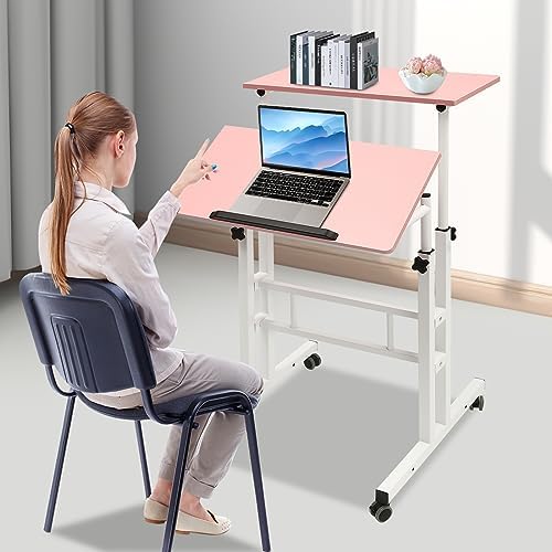 Mobile Stand up Desk, Portable Rolling Desk Laptop Cart, Height Adjustable Table, Small Adjustable Standing Desk with Wheels Home Office Workstation, for Computer Desk, Study Desk (Pink)