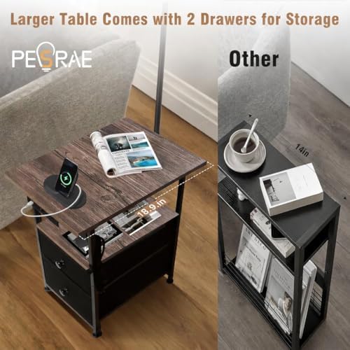 PESRAE Floor Lamp with Table & 2 Drawers, End Table with Lamp, Natural Wood