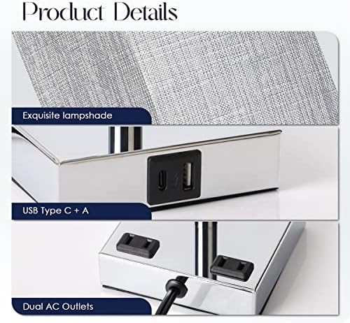 Bedside Lamp with USB Ports - Touch Control Table Lamp for Bedroom with USB C+A Charging Ports & AC Outlets, 3 Way Dimmable Nightstand Light for Living Room (LED Bulb Included, Chrome - Grey)