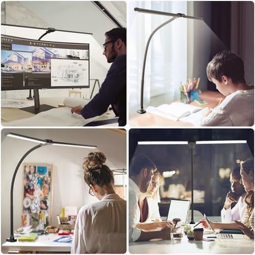 ShineTech LED Desk Lamp for Home Office, 4000K Neutral White Double Head Architect Task Lamps with Clamp, Dimmable Adjustable Flexible,Black