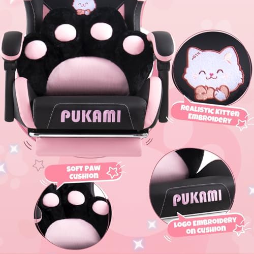 Black Gaming Chair with Cat Ears and Cat Paw Lumbar Cushion, Ergonomic Gaming Computer Desk Chair with Footrest and Linked Armrests, Comfortable Cute Cat PU Leather Game Chair for Girls and Adults