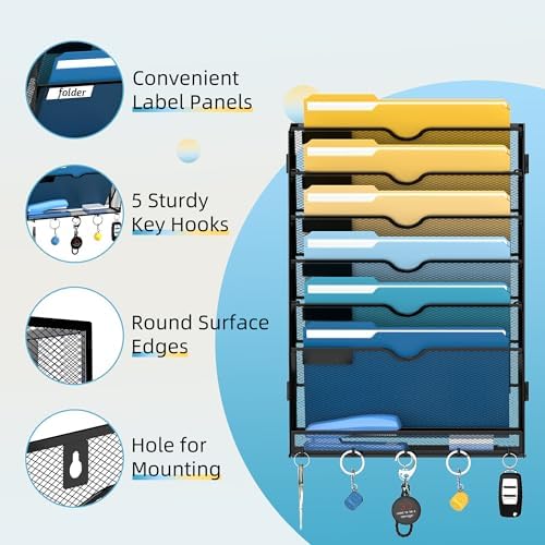 7-Tier Hanging Wall File Organizer with Hooks for Office Organization