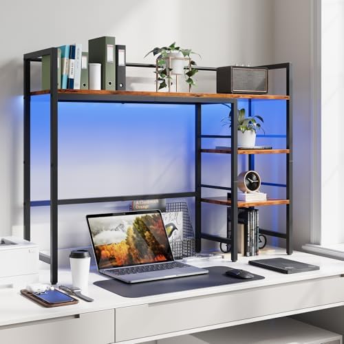 HavenlyYouth Desk Shelf with LED Light Strip, 3-Tier Storage Desktop Organizer Shelf, 38.6" Wood Desktop Bookshelf for Computer Monitor, Desk Hutch for Home Office Dorm, Rustic