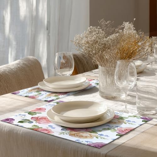 Shrahala Pink Plant Floral Set of 8 12 X 18 Inch Linen Placemats, Blue Abstract Roses Burlap Table Mat Washable Double Layered Heat Insulation for Indoor/Outdoor